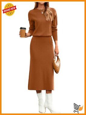 Womens 2 Piece Knit Sweater Skirt Set Long Sleeve Crewneck Midi Fall Outfit